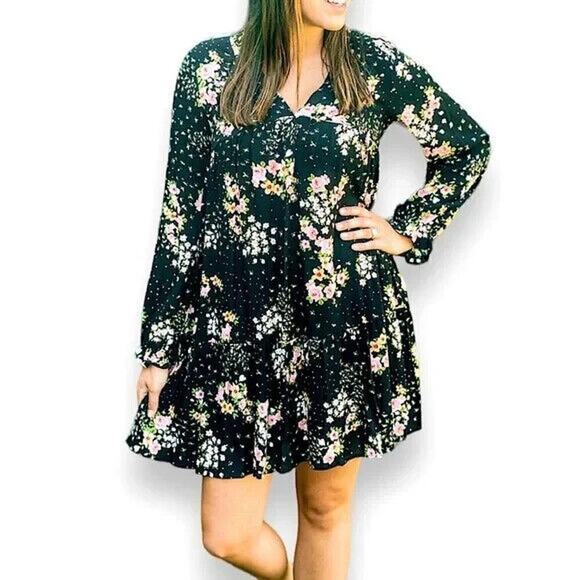 Everly Hanna Black Floral Short Dress Top V-Neck Long Sleeve Bohemian Women's M - Picture 2 of 9